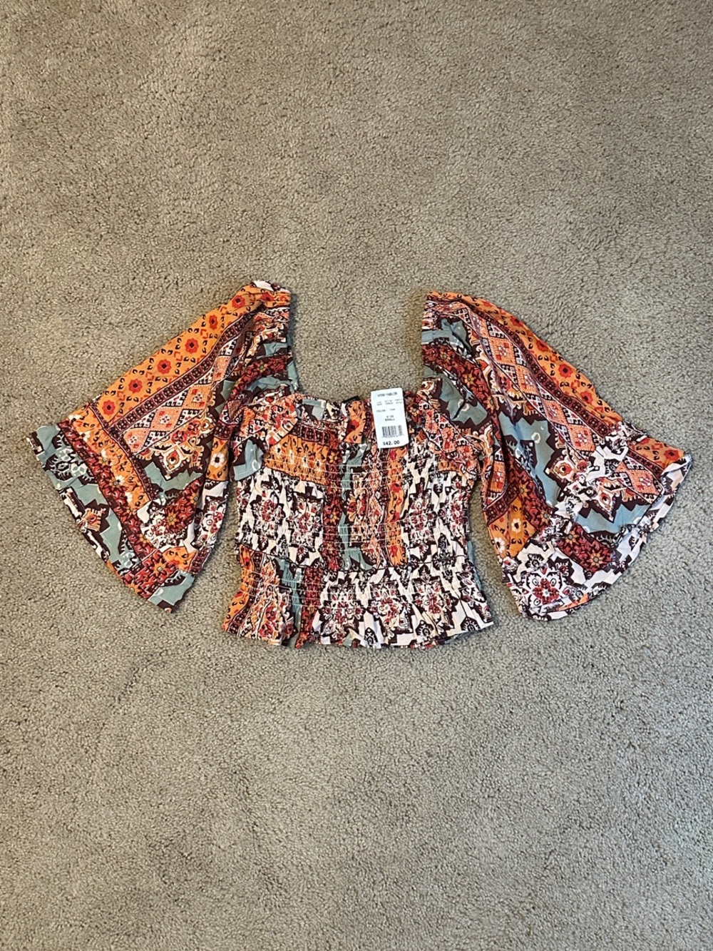 Angie Smocked Boho Crop Top in Orange and Teal-Small